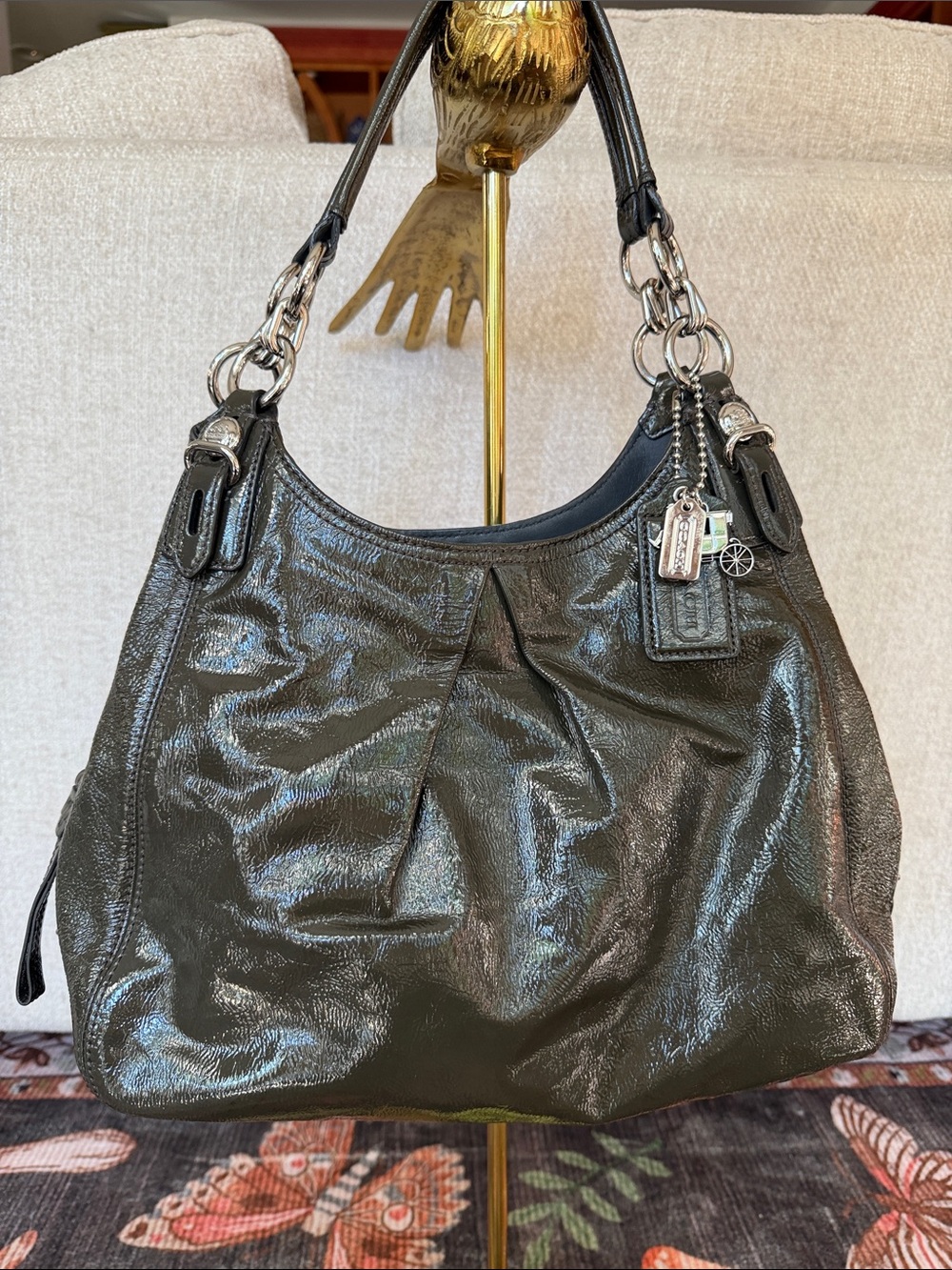 NWT $358 Coach Patent Leather Olive Hobo Shoulder Bag 3 Hang Tags slight callout